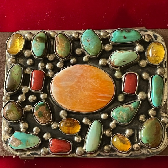 Spectacular Sterling Silver Concho Belt full of Turquoise, Coral, Amber and more - Picture 10 of 12
